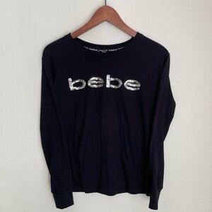 VTG Y2K Bebe Sport Black Long Sleeve Top Sz S Embellished Sequins Sporty Workout
